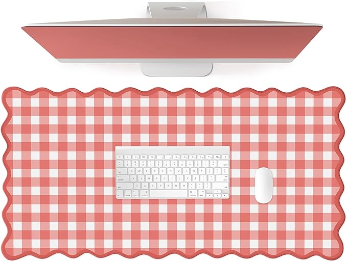 Scalloped‌ Checkered Gingham Desk Mat Cute Red XXL Large Mouse Pad Kawaii Cottagecore ‌Vintage‌ Rustic Girly Keyboard Computer Mat Pad Aesthetic Cozy Office Desk Decor for Women