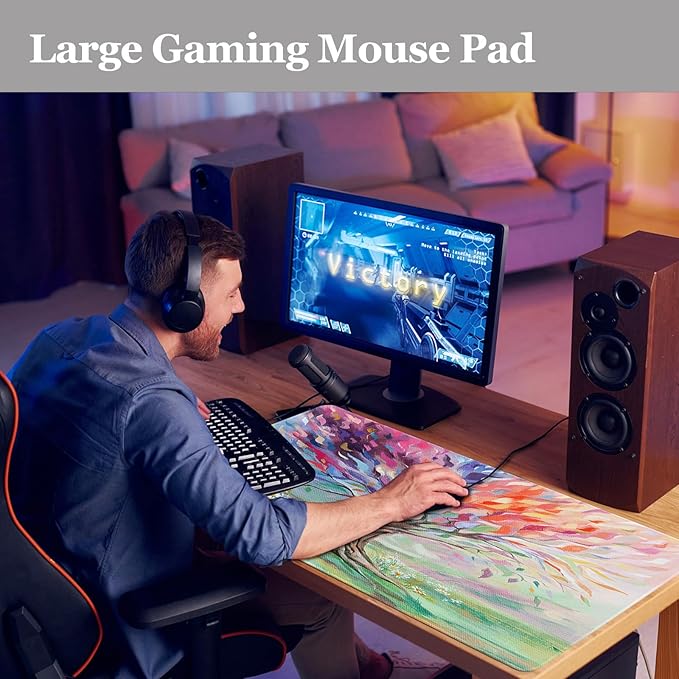 Desk Pad Oil Painting Tree, Desk Matt for Desktop, Seasons Tree of Life Gaming Mouse pad Extend XXL Large Anti-Slip Stitched Edges Waterproof Computer Laptop Keyboard Mat for Game, Home, Work, Office