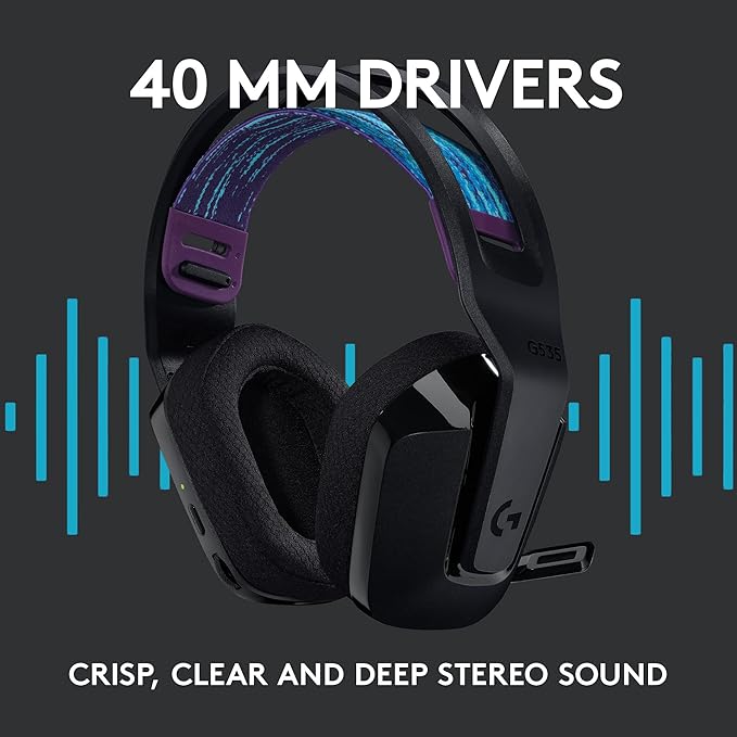 Logitech G535 Lightspeed Wireless Gaming Headset - Lightweight on-Ear Headphones, flip to Mute mic, Stereo, USB Rechargeable - Black