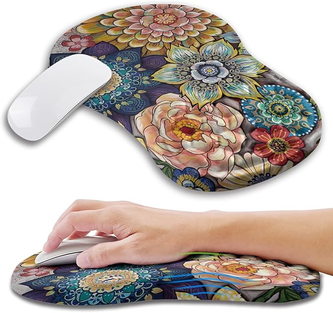 Ergonomic Mouse Pad Wrist Support with Memory Foam Massage Bulge, Carpal Tunnel Mousepad Wrist Rest for Mouse(12x8 inch, Blooming)