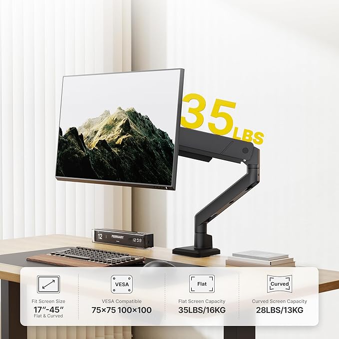 monTEK Single Monitor Arm for Max 45 Inch Ultrawide Screens Adjustable Monitor Desk Mount Holds 35 Lbs Cable Management with Clamp/Grommet Desk Mount, VESA 75/100mm