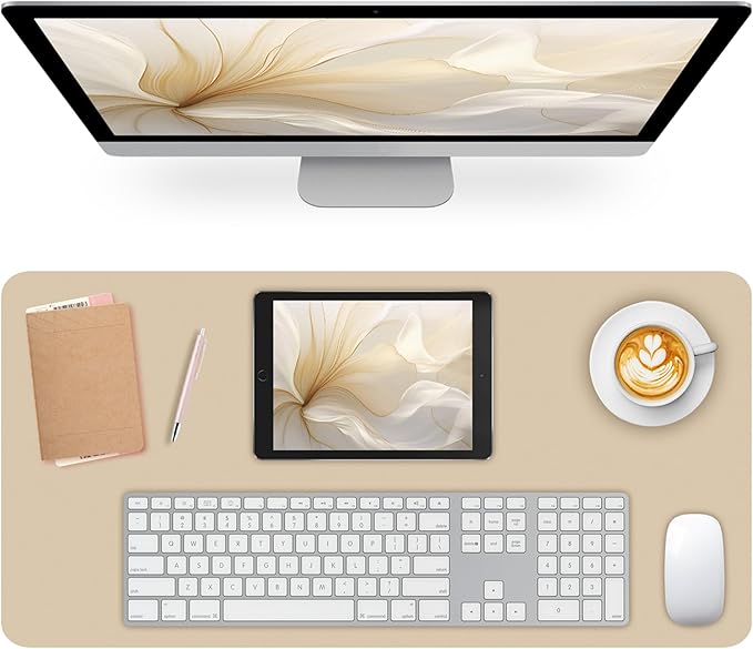 Non-Slip Desk Pad Mat, Leather Beige Desk Mat for Desktop, Large Mouse Pad, Waterproof Computer Mouse Mat Desktop Protector for Office/Home, 23.6" x 13.7"
