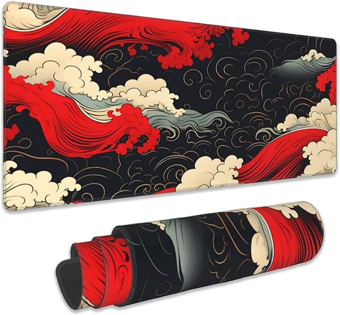Gaming Mouse Pad, Japanese Sea Waves Extended Mouse Pad Gaming Large, Big Desk Mat with Non-Slip Base and Stitched Edge, Long Computer Keyboard Mouse Mat for Home Office Work 31.5"x15.7"