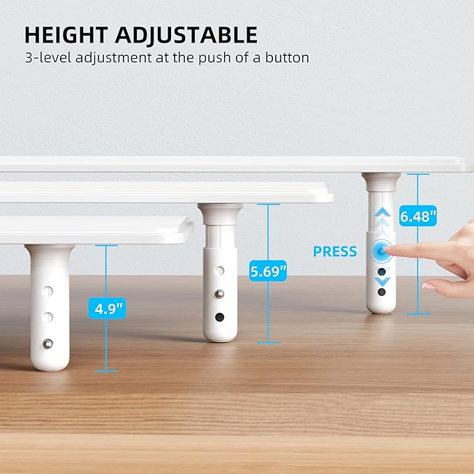 Dual Monitor Stand for Desk, Adjustable Height Wood Computer Riser, Ergonomic Monitor Shelf for Laptop, Printer, TV, Black - Large Storage Space, Sturdy Desk Organizer for Home & Office,White