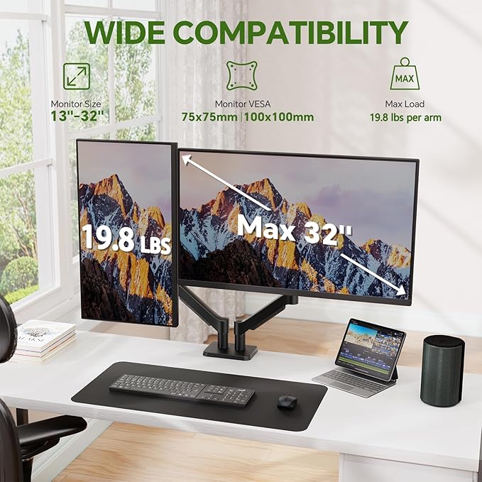 Dual Monitor Stand, Full Adjustable Monitor Desk Mount for 13–32″ Computer Screens