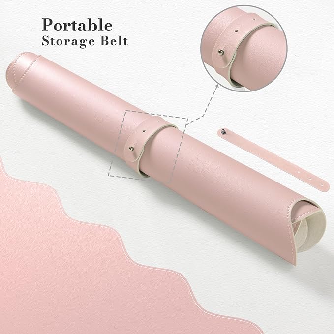 iCasso Leather Desk Pad Pink,Extra Large Mouse Pad for Desktop,Waterproof PU Nail Table Mat,Cute Scalloped Keyboard Mats for Women Girl,Non-Slip Desk Cover Mat for Office Home Dorm