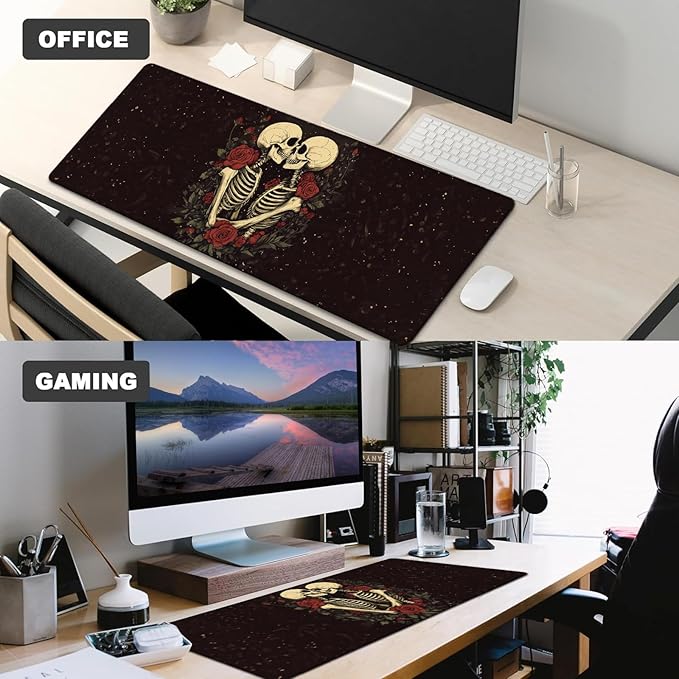 Skull Skeleton and Rose Gaming Mouse Pad,12x31.5in Non-Slip Rubber Gothic Romantic Dark Desk Mat,Large Extended Horror Mousepad for Office Home Laptop,Mice Pads Gifts,Game Lover Deskmat Decor