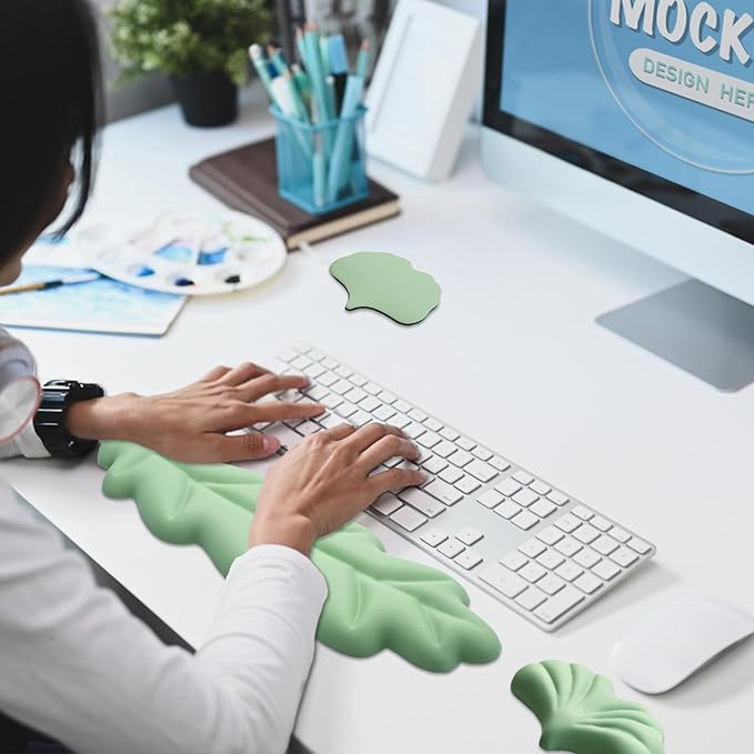 Ergonomic Keyboard Wrist Rest, Leaf Shape PU Leather Memory Foam Wrist Support for Computer Keyboard, Keyboard Pad and Cute Mouse Wrist Pad for Gaming,Office,Computer,Typing, Pastel Green