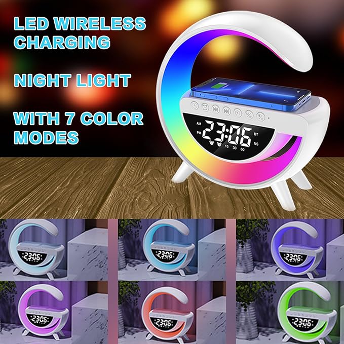 Wireless Charging Table Lamp Multifunctional Bluetooth Speaker & Alarm Clock - LED Bedside Desk Lamp Night Light for Heavy Sleepers, Superfine Bedroom Home Decoration (White)