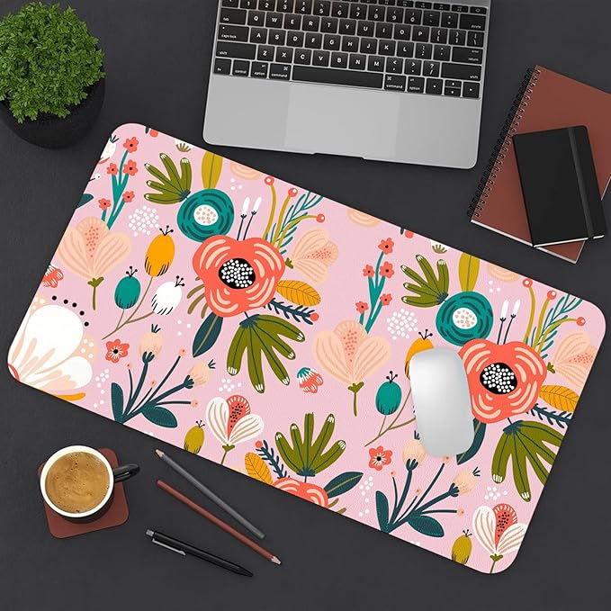 Desk Mat Large Protector Pad 27.5" ×13.8", Non-Slip PU Leather Desk Blotter, Waterproof Mouse Pad for Office Home Pink Floral
