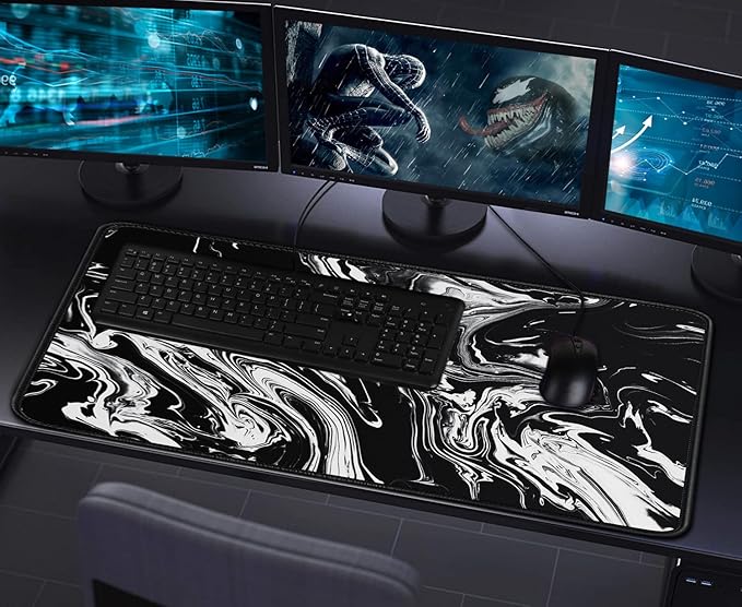 Large Extended Gaming Mouse Pad with Stitched Edges, Durable Non-Slip Natural Rubber Base, Waterproof Computer Keyboard Pad Mat for Esports Pros/Gamer/Desktop/Office/Home - Black White