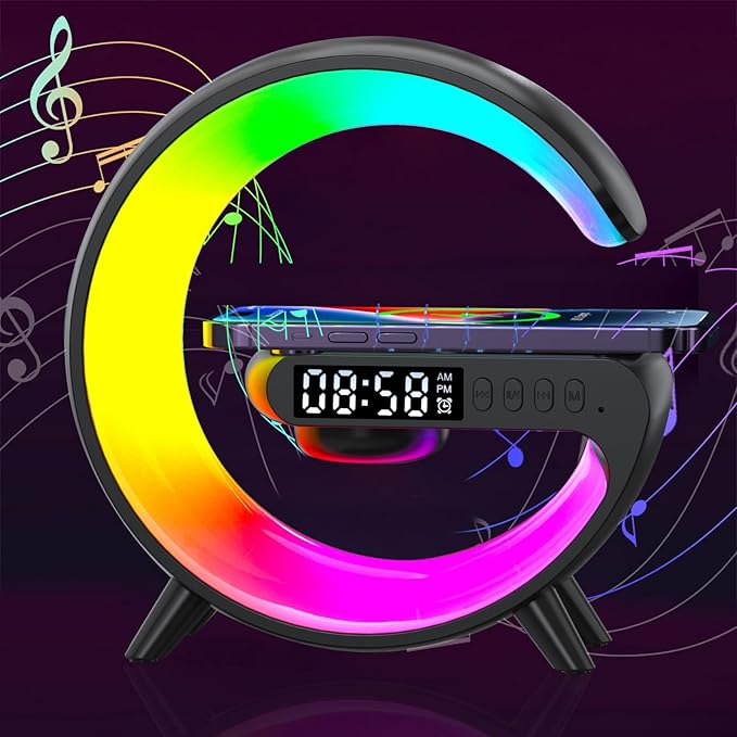 Wireless Speaker Charger Light,LED Bedside Lamp 4-in-1 Alarm Clock,Mood Light,Speaker & Wireless Charger,G-Shaped Atmosphere Lamp RGB Colour Changing Lamp for Bedroom,Birthday Gifts(Black)