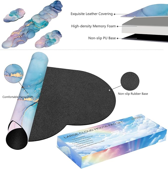 JIKIOU Large Cloud Mouse Pad Waterproof with Cloud Keyboard Wrist Pad and Cloud Mouse Wrist Pad Set, Ergonomic Computer Desk Wrist Support Mousepad for Keyboard and Mouse 35.4x15.7in Marble Blue