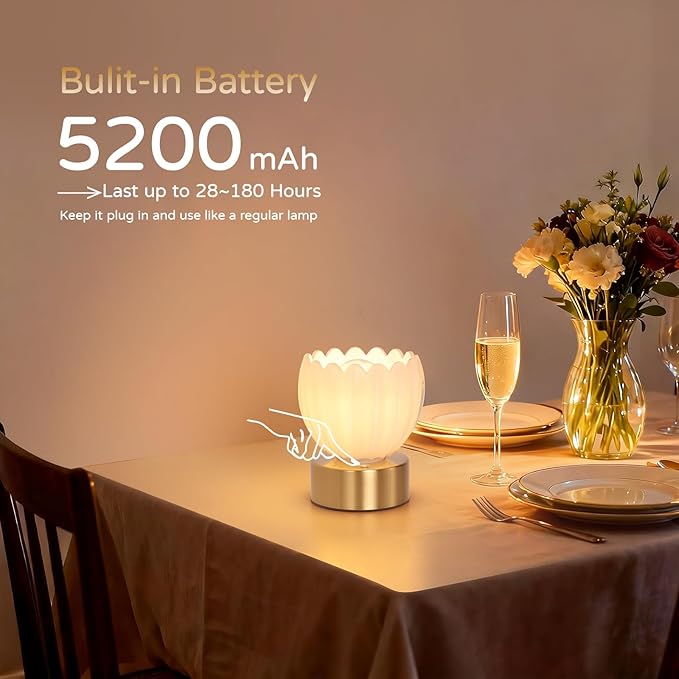 Cordless Small Table Lamp with 5200mAh Battery & Touch Control, Battery Operated Tulip Table Lamp with 3 Colors, Rechargeable Mini Table Lamps for Bedsides, Bedroom, Nightstand (White)