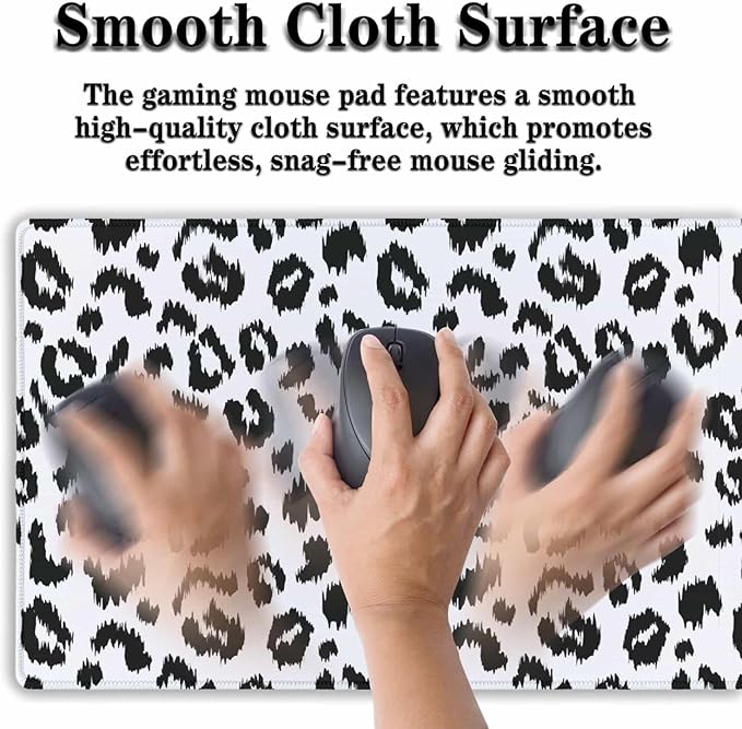 Large Gaming Mouse Pad - White and Black Desk Mats, Non-Slip Rubber Base 35.4 X 15.7 for Game Office, Leopard Print
