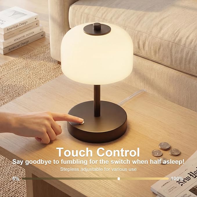 Oneach 9" Touch Control Black Table Lamp with USB A+C Charging Ports, Dimmable LED Bedside Lamp with 3 Color Temperatures, Small Modern Table Lamps for Bedroom Nightstand Living Room