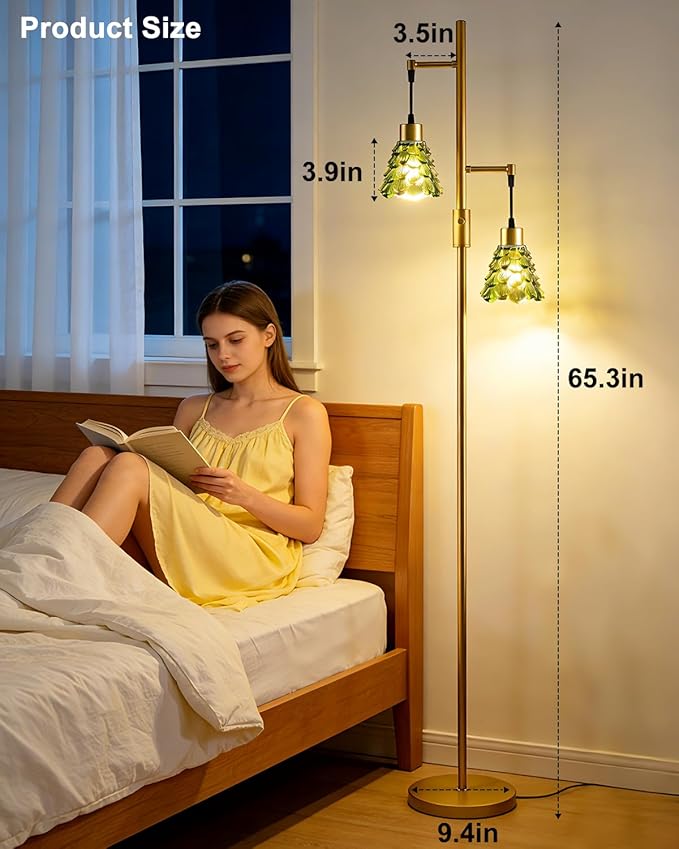 2-Light Glass Floor Lamp, Gold Tall Standing Lamps Dimmable with Green Glass Lampshade, 3000K Warmwhite Mid Century Modern Floor Lamp for Living Room/Bedroom/Sofa Beside/Home Decor