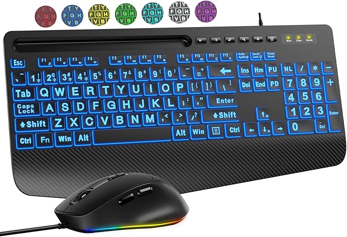 Wired Keyboard Mouse Combo - Large Print Backlit, Ergonomic Wrist Rest, 6 DPI RGB for PC/Windows - Ideal for Seniors, Students, Office and Home SABLUTE KM21Pro