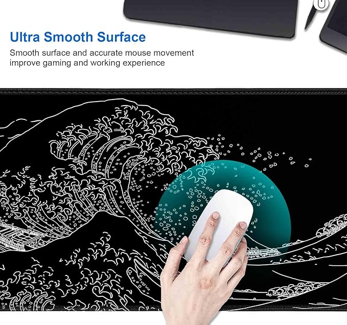 IMAYONDIA Japanese Great Wave Large Mouse Pad (35.4x15.7 in), Black Gaming Mouse Pad Anime XXL, Extended Kanagawa Mouse Mat Desk Pad, Non-Slip Rubber Base Long Computer Mice Pad