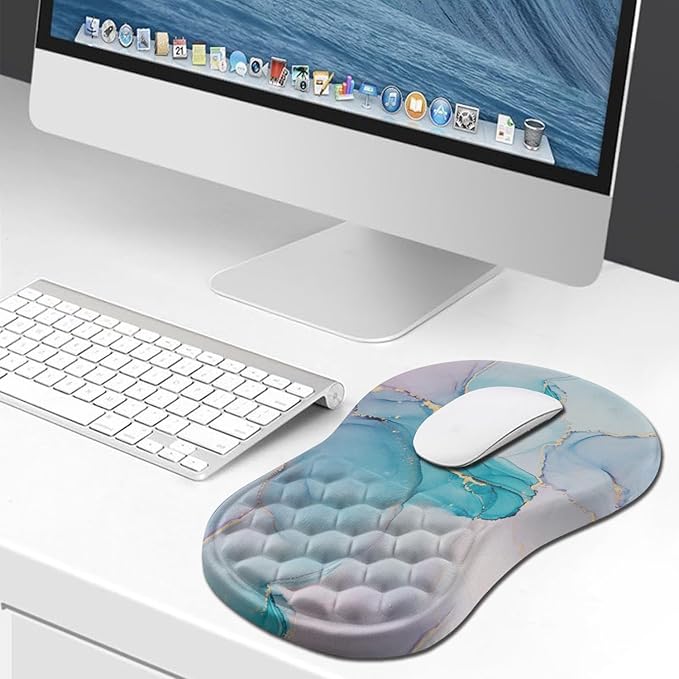 Hokafenle Ergonomic Mouse Pad Wrist Support, Wrist Rest Mousepad for Carpal Tunnel with Integrated Memory Foam Slope Massage Bulge (11.8x7.9 inch,Blue Marble)