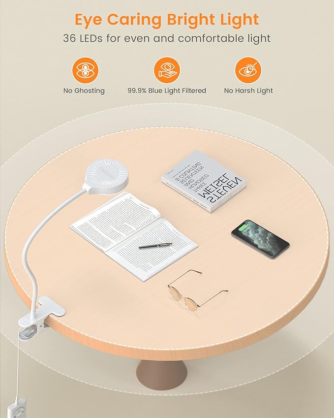 Glocusent 5W 36 LED Reading Clip on Light for Bed, Eye Caring Bed Lamp, 3 Colors & 5 Brightness Levels for Headboard with Adapter, Perfect for Reading, Working & Studying (White)