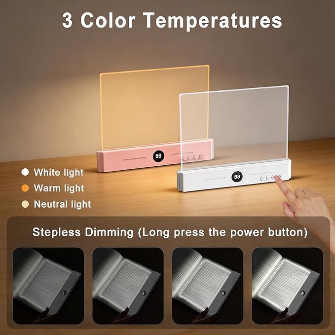LED Book Light and Night Light 2 in 1, USB Rechargeable Clear Flat Book Light with 3 Colors & Timer, Dimmable Book Lights for Reading at Night, Scratch-Resistant, Eye-Care (Pink)