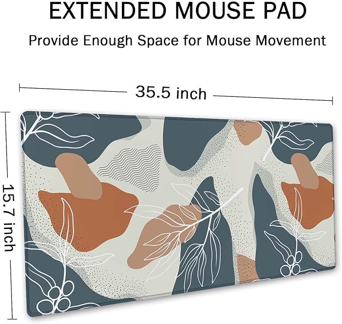 SSOIU Extended Gaming Mouse Pad (35.5x15.7 in), Large Stable Rubber Base Mousepad with Stitched Edges, Keyboard Mouse Mat Desk Pad for Work, Game, Office, Home - Abstract Flowers and Leave