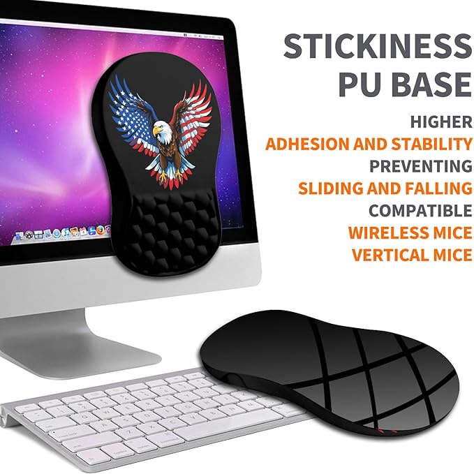Ergonomic Joint Wrist Support Mouse Pad with Memory Foam Cushion Massage Bump, Carpal Tunnel Mousepad Slope Design for Wrist Rest, 11.8x7.9 in, Eagle Flag