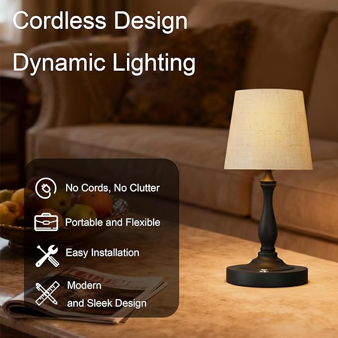 Cute Cordless Rechargeable Table Lamp with Linen Shade, 3 Color Temps LED Dimmable Ambient Lighting, Small Retro Touch Bedside Light for Decor, Metal Base.