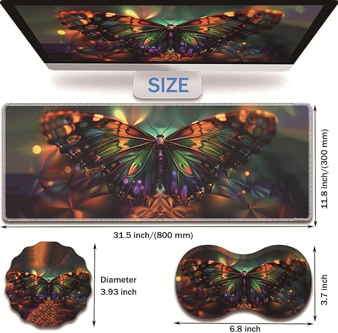 Extended Non-Slip Mouse Pad + Mouse Wrist Rest + Lace-Shaped Coaster Set, Ergonomic Design, Suitable for Desk and Home Gaming Table Mat, Psychedelic Butterfly