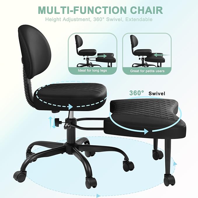 GUNJI Ergonomic Criss Cross Legged Office Chair, 360° Swivel Meditation Kneeling Chair with Wheels, ADHD Chair with Footrest, Lumbar Support, Wider Height Adjustable Seat (Black, Faux Leather)