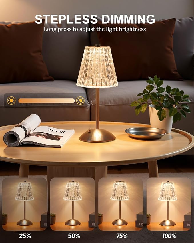 Cordless Touch Table Lamp, LED Rechargeable Small Dask Lamp, 3 Colors Dimmable Battery Operated Crysta Lamp for Bedroom Restaurant Kitchen Home Decor,Silver, 2pcs