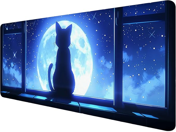 Anime Cat Desk Mat Gaming Mouse Pad Cartoon Cute Cat Looking Moon Large Gaming Mouse Mat with Stitched Edges,Non-Slip Waterproof Rubber Base Mous Mat Office Computer Keyboard Laptop Home 31.5"x11.8"
