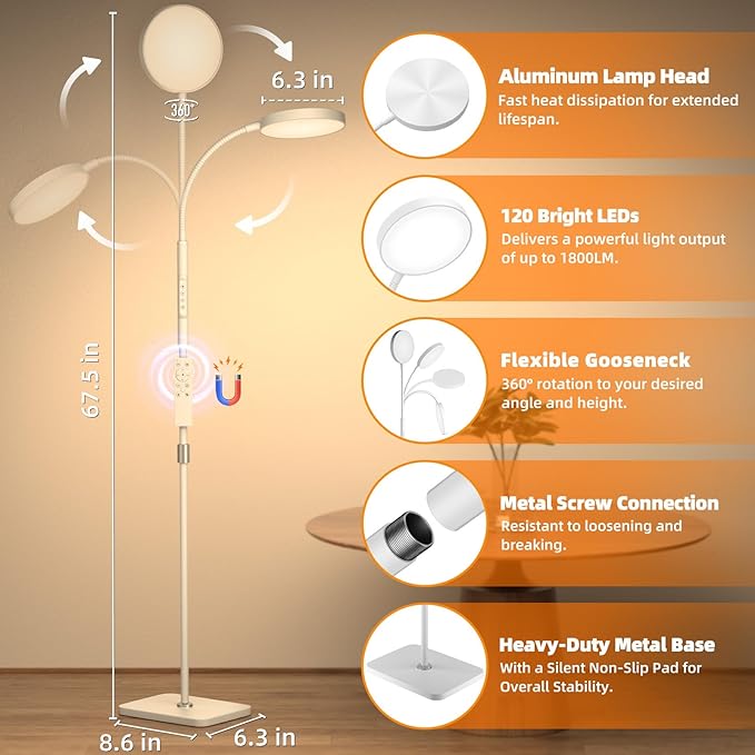 Floor Lamp, Adjustable Height Floor Lamps for Living Room Bedroom, 252 LED Super Bright Standing Lamp Remote Control, Dimmable Gooseneck Tall Stand Reading Lamp Light for Office Craft, White