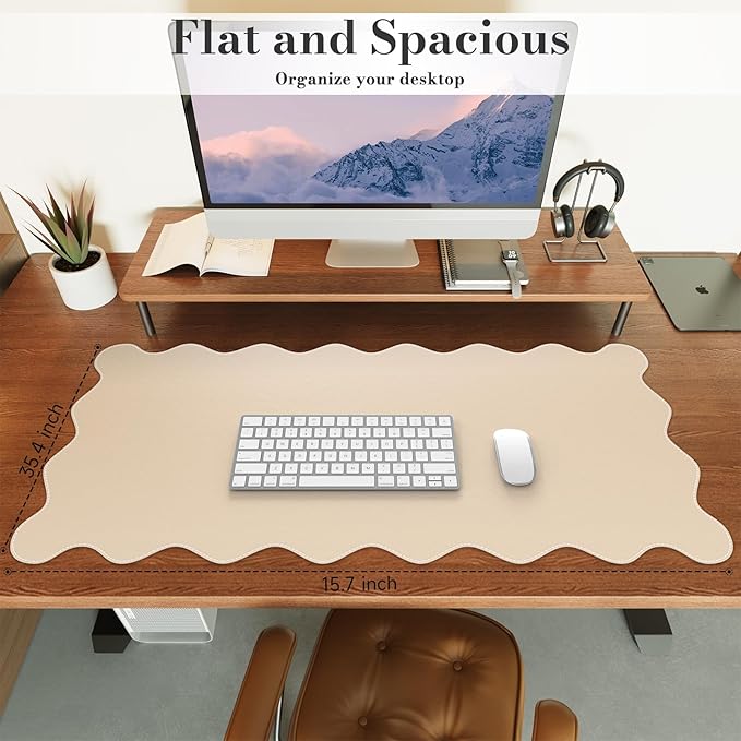 iCasso Leather Mouse Pad,Extra Large Desk Pad,Cute Scalloped Computer Mat for Desktop,Non-Slip Nail Mats with Stitched Edges,Waterproof PU Desk Protector Pad for Office Home Dorm