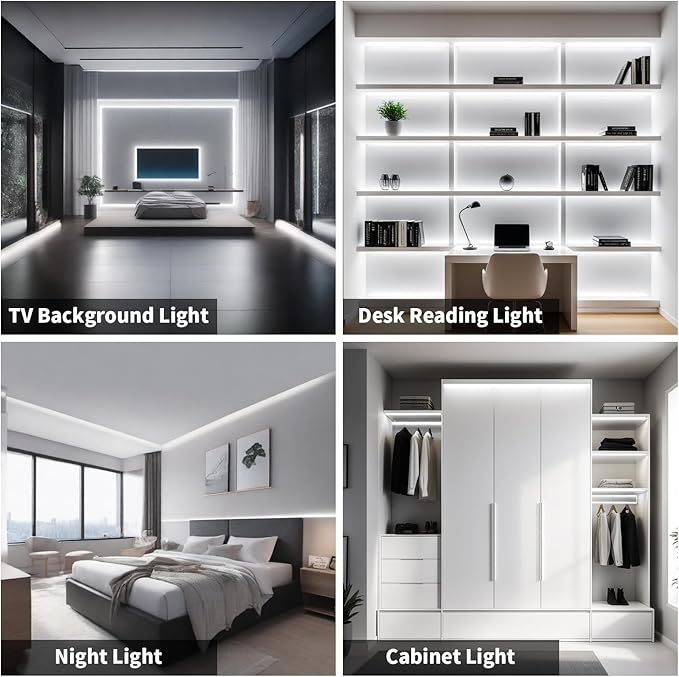 16.4FT/5M COB LED Strip Light, Cold White 6000K Cuttable LED Tape Lights, 8mm Width, CRI93+ Dimmable Flexible Light Strip for Bedroom Kitchen TV Backlight Cabinet Mirror Decor(with Plug)