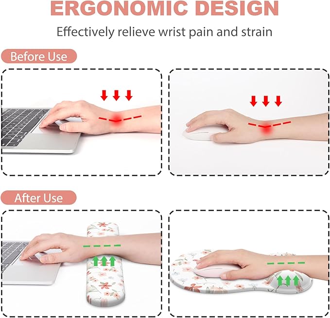 Ergonomic Mouse Pad with Wrist Rest and Keyboard Wrist Rest, Gel Mousepad and Wrist Rest for Computer Keyboard, Non-Slip PU Base, Mouse Pad with Wrist Support for Gaming, Orange Flowers