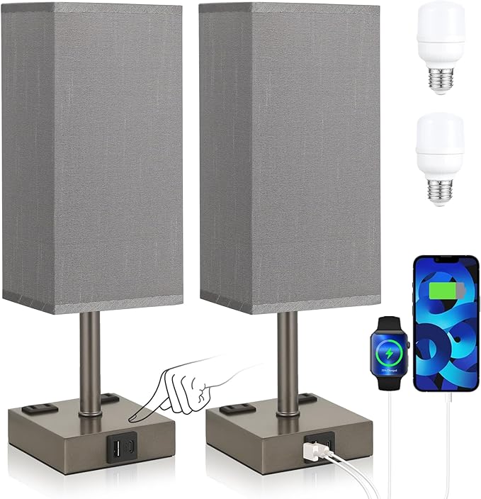 aooshine Dark Grey Touch Lamps Set of 2 - Nightstand Lamp with USB-C + A Charge Ports & AC Outlets, 3-Way Dimmable Bedside Lamp, Small Table Lamp Light for Bedroom (Bulb Included)