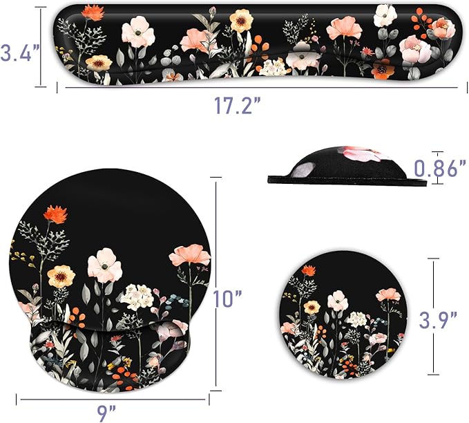 Ergonomic Mouse Pad with Wrist Rest and Keyboard Wrist Rest, Wrist Rest for Computer Keyboard, Easy Typing, Black Mouse Pad with Wrist Support for Gaming,Office, Laptop, Garden Flowers
