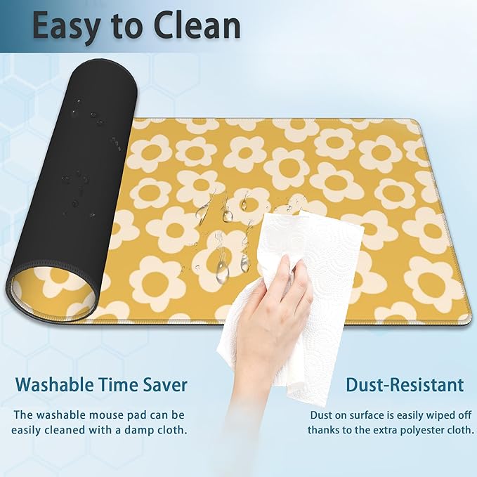 Desk Mat, Vintage Groovy Yellow Flowers Extended Gaming Mouse Pad Large, Big Desk Mat with Non-Slip Base and Stitched Edge, Long Computer Keyboard Mouse Mat for Home Office Work 31.5"x11.8"