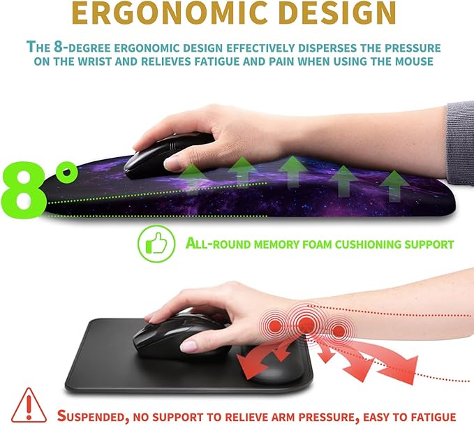 Hokafenle Ergonomic Mouse Pad Wrist Support with Massage Design, Wrist Rest Mousepad with Memory Foam&Non-Slip PU Base, Mouse Pads for Wireless Mouse & Desk (12x8 inch,Galaxy)