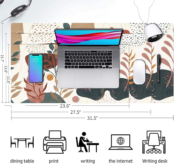 Desk Mat Large Protector Pad 23.6" ×11.8", Non-Slip PU Leather Desk Blotter, Waterproof Mouse Pad for Office Home Abstract Blossom