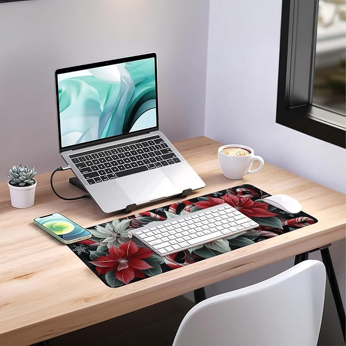 Christmas Flowers Extended Gaming Mouse Pad 31.5x11.8inches Large Desk Mat Anti-Slip Rubber Base & Durable Stitched Edges for Gamers Smooth Mouse Writing Surface for Desk Office/Home