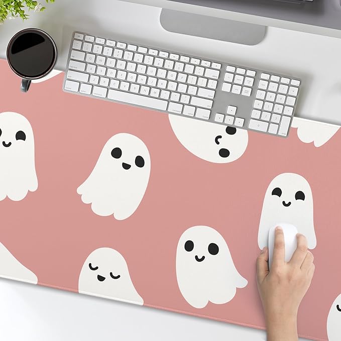 Halloween Cute Ghost Mouse Pad Kawaii Cartoon Spooky Funny Spirit Extended Desk Mat Non-Slip Rubber Base Stitched Edge Large XXL Pink White Mousepad for Gaming Laptop Computer Desktop 35.4×15.7 in
