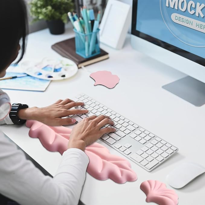 Ergonomic Keyboard Wrist Rest, Leaf Shape PU Leather Memory Foam Wrist Support for Computer Keyboard, Keyboard Pad and Cute Mouse Wrist Pad for Gaming,Office, Computer, Typing, Pastel Pink