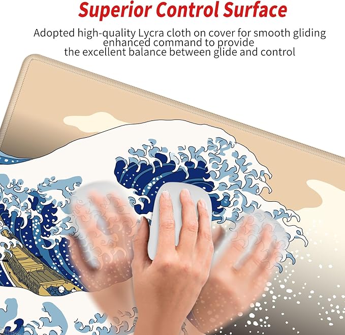Gaming Mouse Pad Japanese Sea Wave Mousepad 24x12 Desk Pad XL Ocean Desk Mat Long Extended Computer Mat Non Slip Base Big Mouse Mat for Wireless Mouse Laptop Office