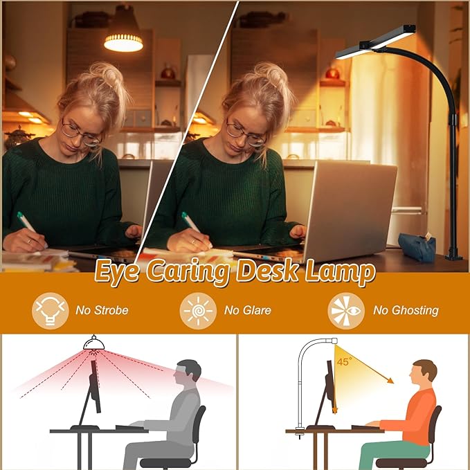 Small Desk Lamp for Office Dorm Home - Eye Caring Desk Light 18W Brightest Gooseneck Dimmable Table lamp with Anti-Glare Cover Base(No Remote)