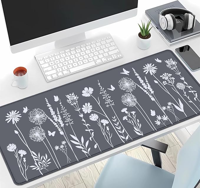 IMAYONDIA Cute Sage Gray Desk Mats Mousepad, Plant Floral Anime Mousepad Deskmat, Aesthetic Desk Pad, Minimalist Grey White Leaves Large Gaming Mouse Pad, Decor Accessories, 31.5 X 11.8