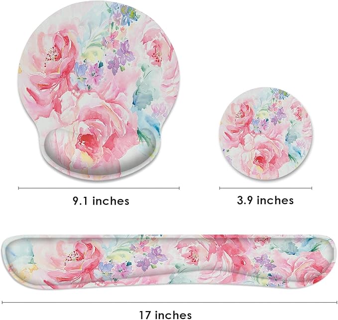 Britimes Flower Painting Watercolor Abstract Ergonomic Mouse Pad Set with Wrist Rest Non-Slip Rubber Base Wrist Cushion Support and Coasters Mousepad with Wrist Support for Computer Keyboard and Desk