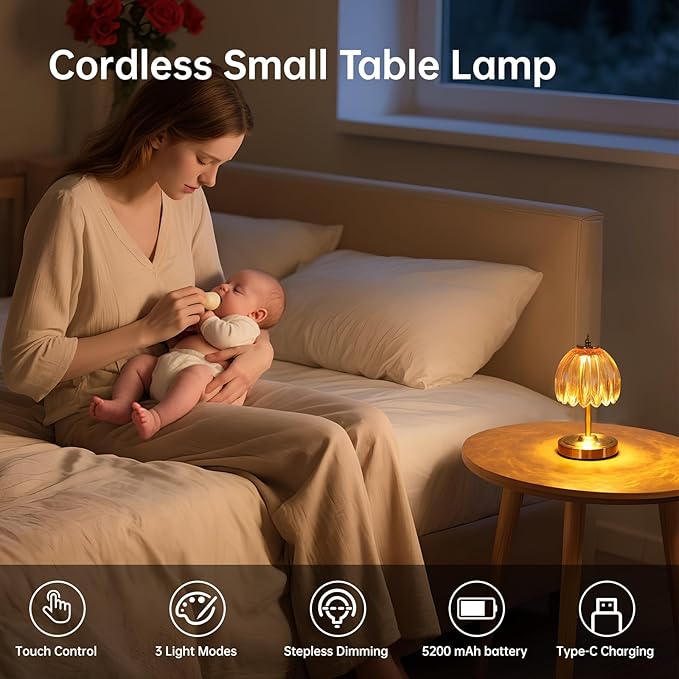 Tulip Small Table Lamp, 5200mAh Cordless Touch Control Mini Table Lamp with 3 Color Temps & Stepless Dimming, Perfect for Small Spaces Like Dressers, Bedsides, Bookshelves (Amber Tulip)